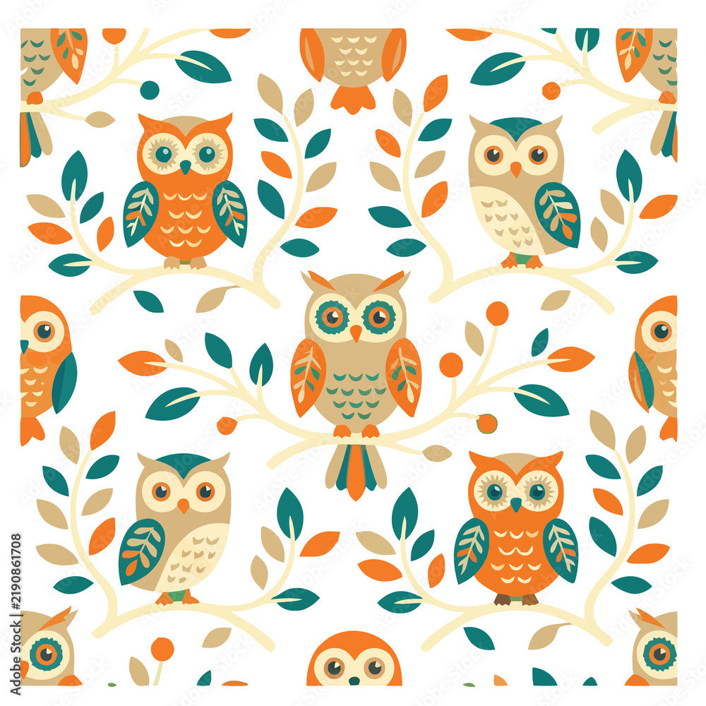 Obraz premium Stylized owls on branches pattern