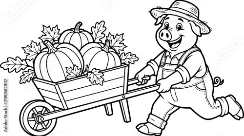 Pig character pushing wheelbarrow filled with pumpkins for coloring  