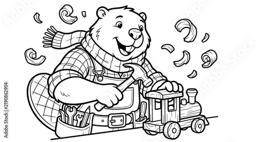 Cartoon bear building a toy train in a coloring page  