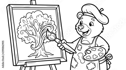 Bear painting a tree on canvas with a brush and palette in a studio  