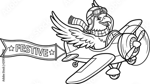Festive eagle flying an airplane with banner in a coloring page  