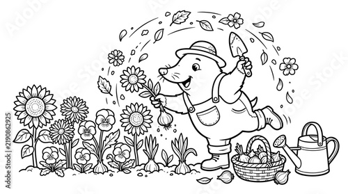 Happy mole gardening and watering flowers in a vibrant garden scene  