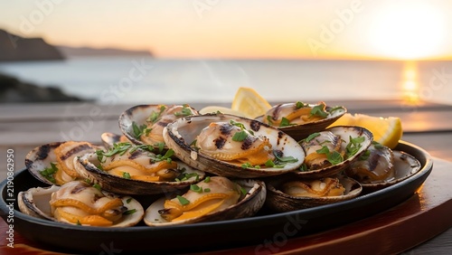 Pan of grilled clams on beach at sunset.
