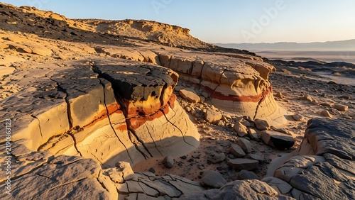 Parched desert landscape with cracked rock and geological layers.