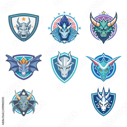 A collection of nine stylized dragon head logos in various shield and badge designs, featuring mythical creatures in cool blue and purple tones.