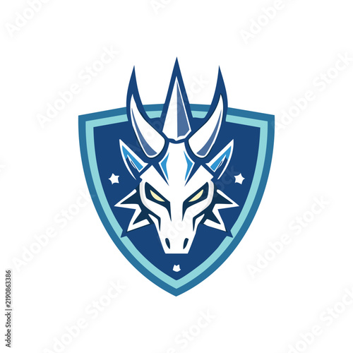 A stylized white and blue dragon head emblem with sharp horns and a trident-like crest, set within a dark blue shield with light blue accents, representing a powerful mascot or team logo.
