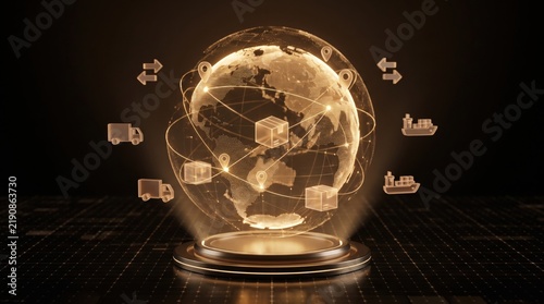 Glowing logistics hologram displaying a complex global distribution network and supply chain connections over a dark technological background.