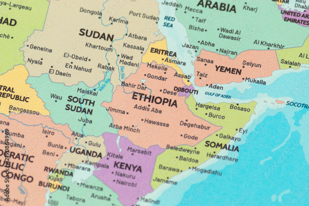 Obraz premium Close up view of ethiopia on a modern political world map