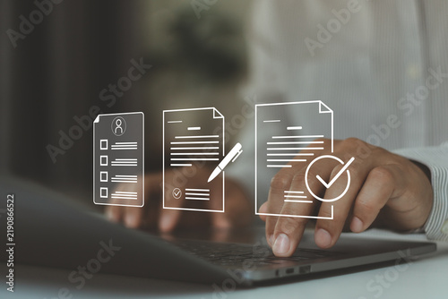 Online registration concept. Businessman using laptop with digital user profile form. Secure signup process, account creation, identity verification, paperless system, enrollment for business platform
