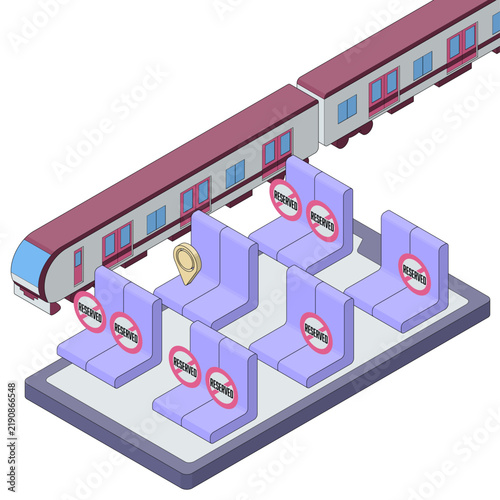 電車の座席予約・座席指定をイメージした主線のあるアイソメトリックイラスト。
