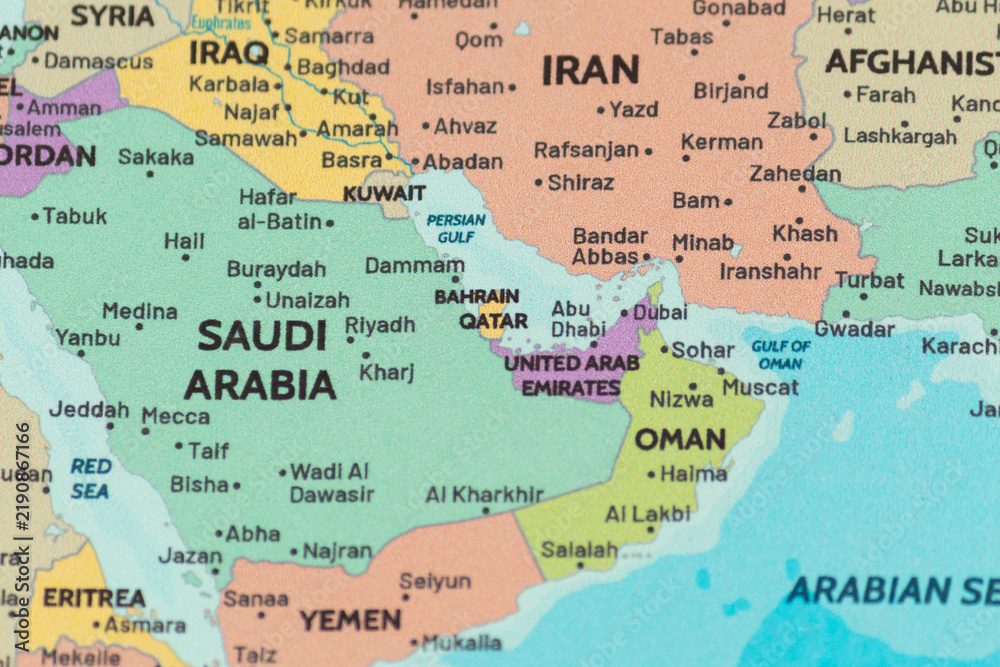 Obraz premium Close up view of qatar on a modern political world map