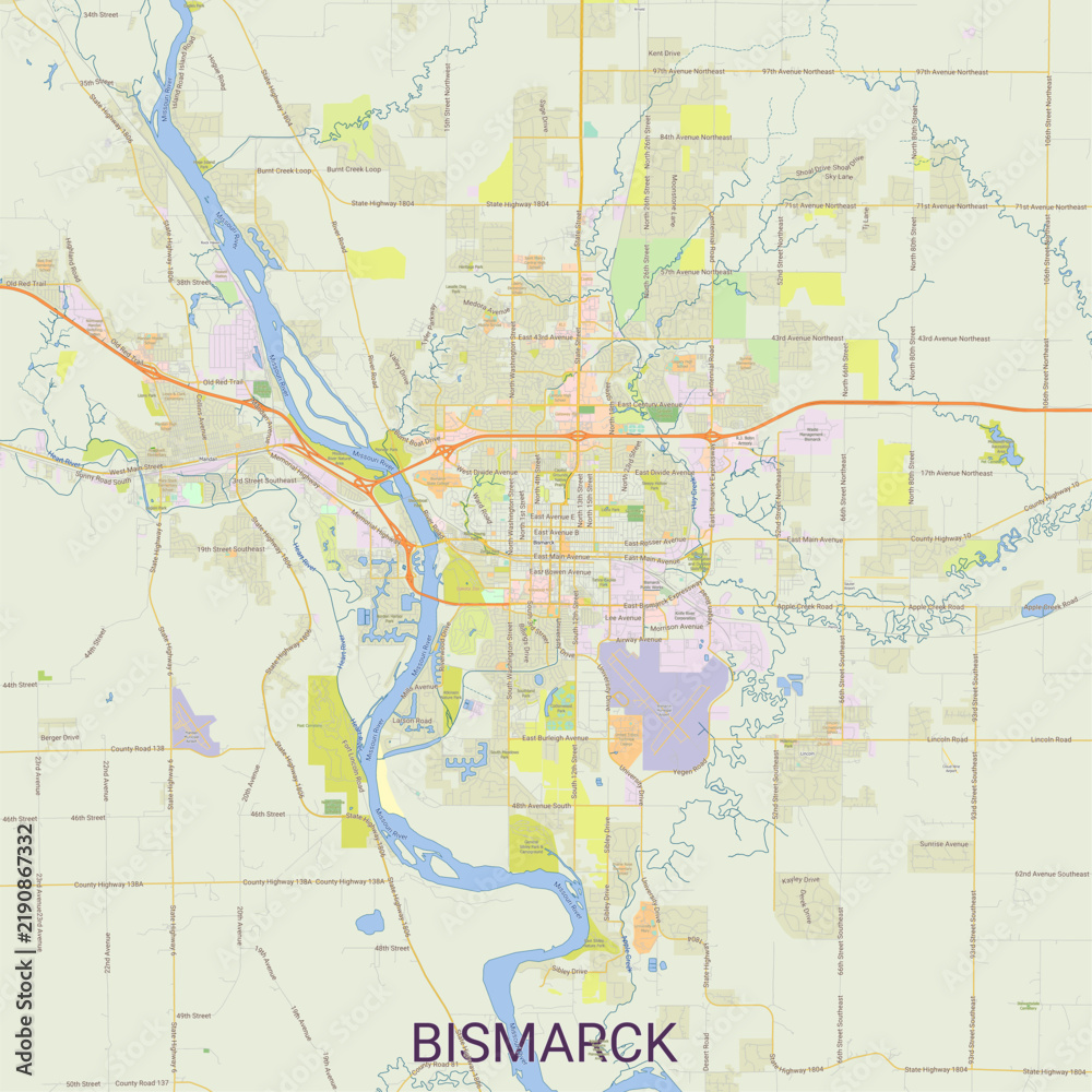 Naklejka premium Detailed geographic street map poster of Bismarck, North Dakota, highlighting the Missouri River, Mandan, Interstate 94, state capitol grounds, and urban road network.