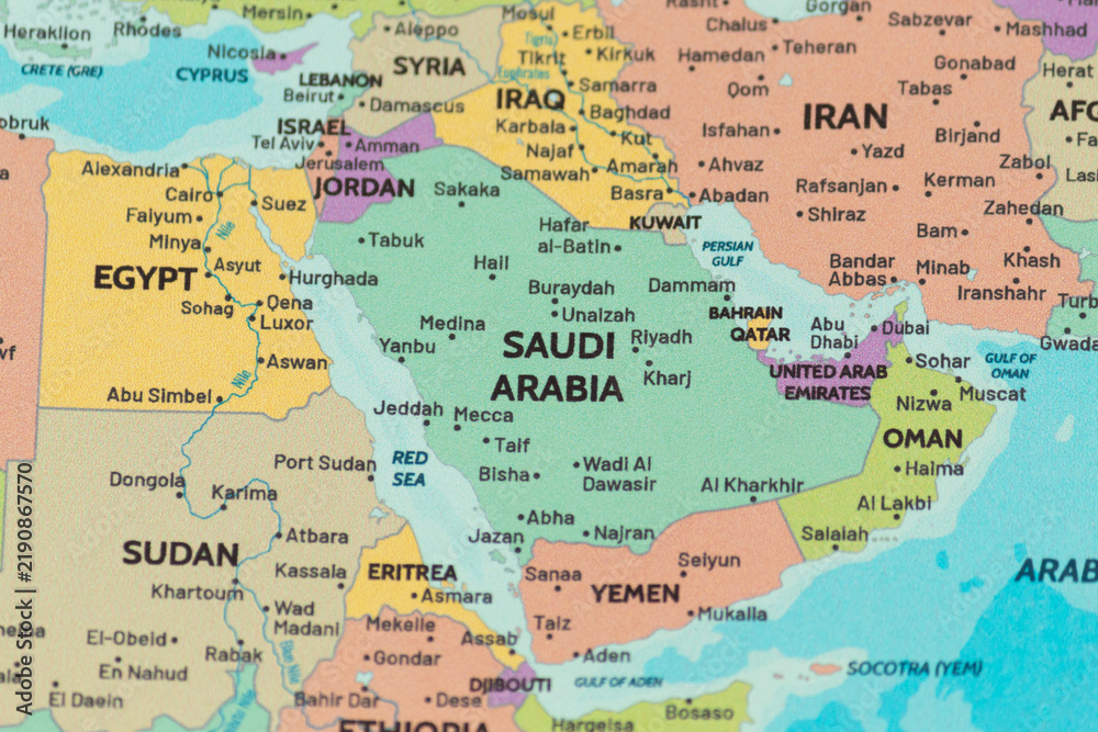 Obraz premium Close up view of saudi arabia on a modern political world map