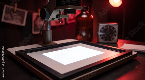 Принти на полотні Blank photo paper glowing under enlarger in vintage darkroom