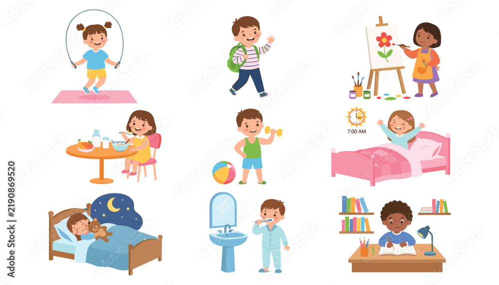 Fototapeta premium Cute kids daily routine vector set showing sleeping waking up eating brushing teeth drawing reading and playing activities