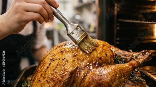 Chef basting a roasted turkey with glaze in a kitchen oven.