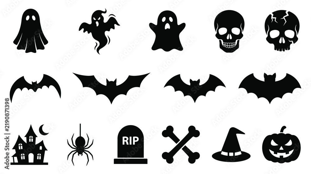 Fototapeta premium Halloween Silhouette Vector Set with People, Pumpkin, Bat, Ghost, Cat, Skull, Witch, Spider and Monster Icons for Spooky Autumn Holiday Design