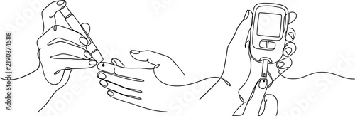 Foto Line drawing of a person checking their blood sugar levels with a glucometer and lancet device