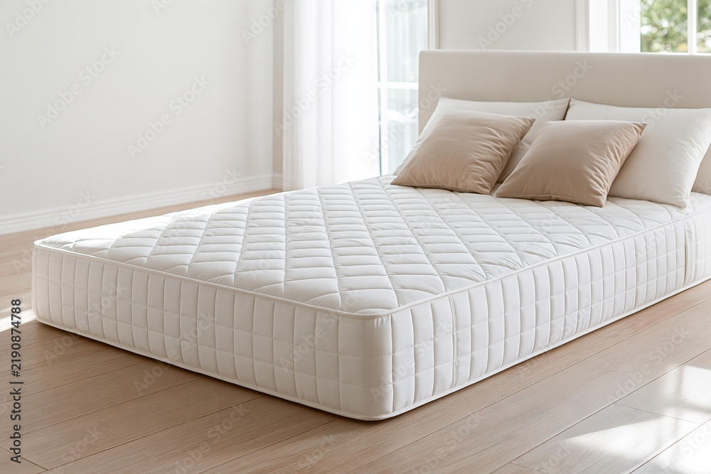Obraz premium White quilted mattress with beige pillows on a modern wooden floor in a bright bedroom