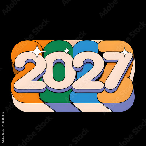 Colorful 3D 2027 sign with star decorations as clean cutout