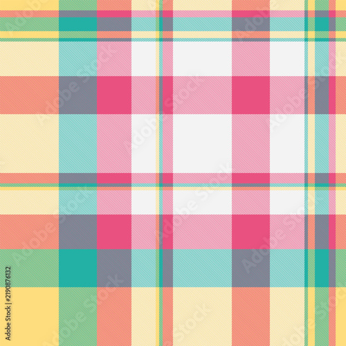 A vibrant, seamless tartan plaid pattern featuring cheerful pink, yellow, and turquoise lines. This bright, geometric textile design evokes a playful, modern feel. No people. Ideal for fabric.