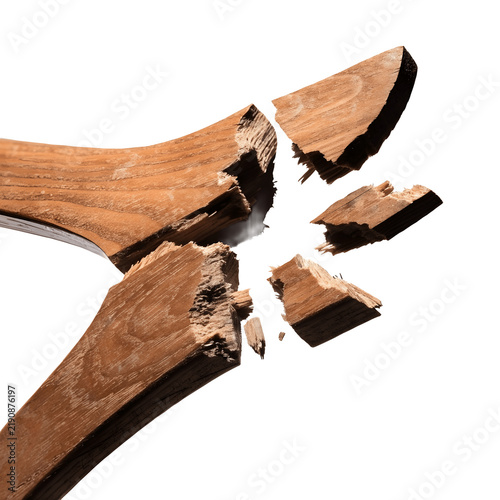 Broken wooden stick pieces splintered and shattered as transparent cutout