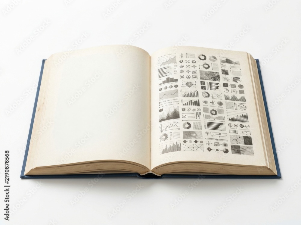 Fototapeta premium Open Book with Statistical Data and Charts Displayed on Right Page