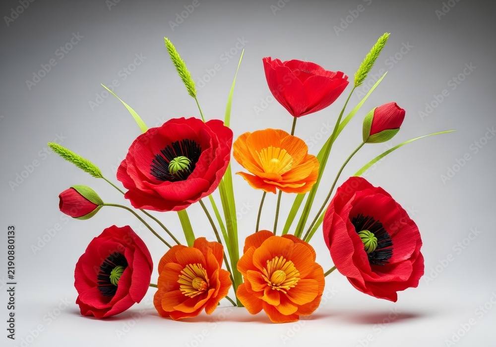 Obraz premium Vibrant handcrafted crepe paper art showcasing crinkled crimson poppies and bright orange blossoms amidst slender lime green grass stalks, creative, poppies, detail
