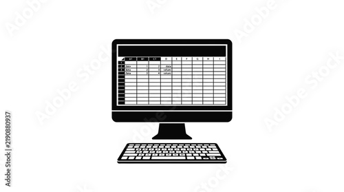 Black silhouette of a desktop computer showing a spreadsheet on the monitor screen.