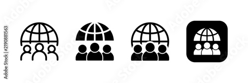 Global community icon set with globe and group people ideal for Global workforce, international teams, network, and organization in outline, filled, app icons