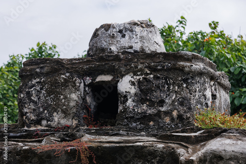The roof of a Mayan stone house.