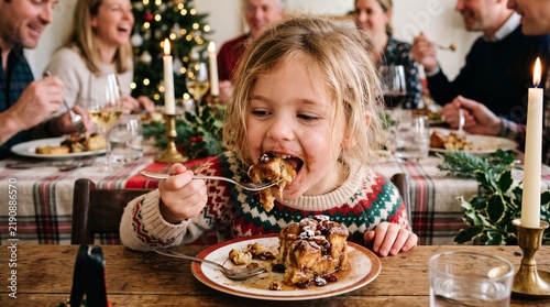 Joyful child enjoys Christmas dessert with family during festive holiday meal