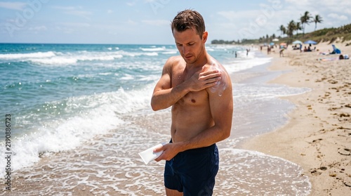 Man applying sunscreen on shoulder at the beach with ocean waves and sandy shore in background