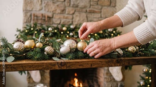 Hands decorating a rustic wooden table with a festive Christmas garland and ornaments