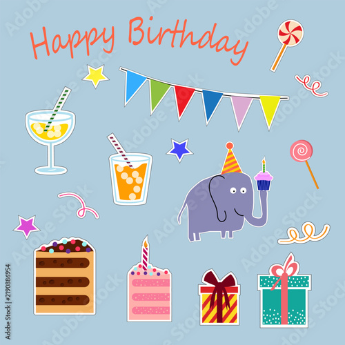 Happy birthday sticker set with cute cartoon elephant, cake, gifts, sweets and party flags on blue background. Fun children party design elements for holiday card.