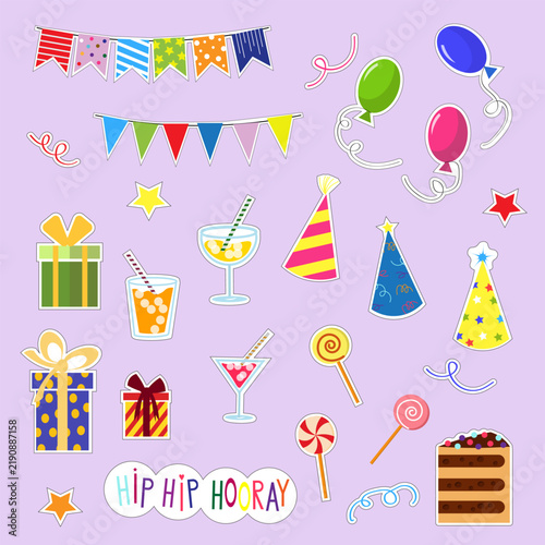 Set of colorful birthday party sticker elements with balloons, gift boxes, party hats, drinks, sweets and garlands. Fun celebration icons for children on pink background.