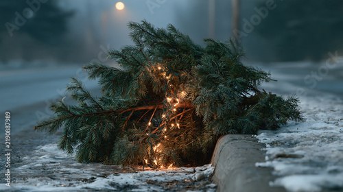 A discarded Christmas tree lying on a snowy curb at dawn, a single strand of lights still tangled in its branches