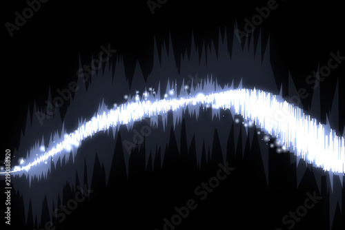 Abstract bright glowing sound wave pattern with white light particles on a dark black background
