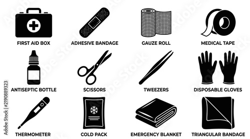 First aid kit medical equipment vector icon set with labels for emergency health care