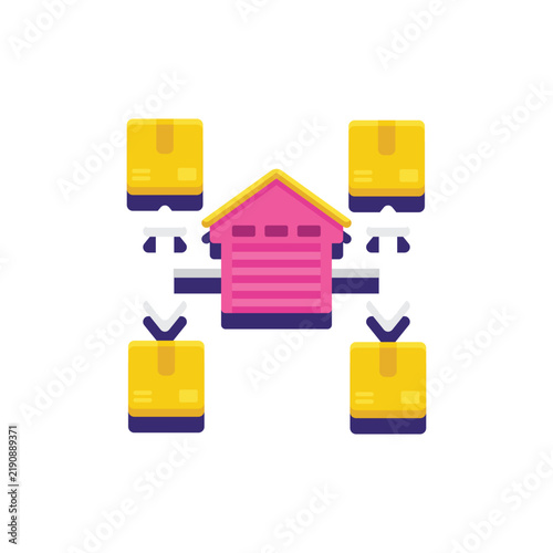 Network of connected warehouse buildings with boxes