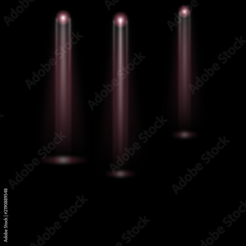 Three vertical pink neon light beams shining downward on a solid black background for event