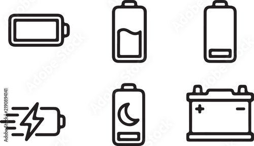Battery Icon Collection With Charging, Power Level, Energy Storage And Automotive Battery Symbols
