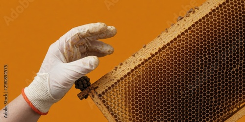 Beekeeper holding a honeycomb frame with bees and honey against a solid orange background for beekeeping and honey production concepts