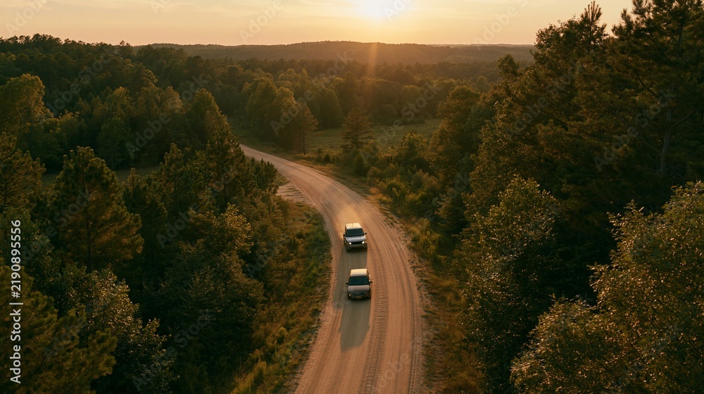 Fototapeta premium a winding dirt road surrounded by dense forest at sunset. The sun casts a warm, golden light over the scene, illuminating the road and the surrounding trees.