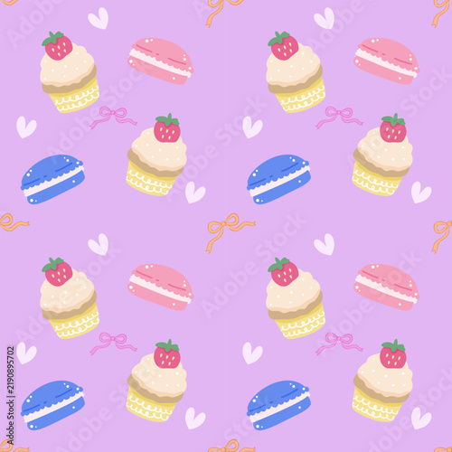 Cute Cupcake, Macaron, Strawberry, Bow and Heart Seamless Pattern on Purple Background