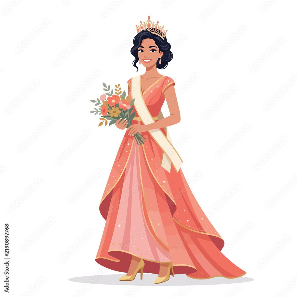 Fototapeta premium Beautiful Woman Queen Crowned Princess Holding Flowers, Elegant Dress