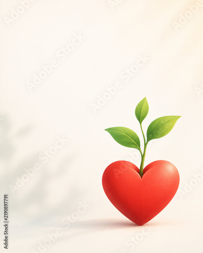 Red heart with a green sprout growing from the top on a light background with copy space