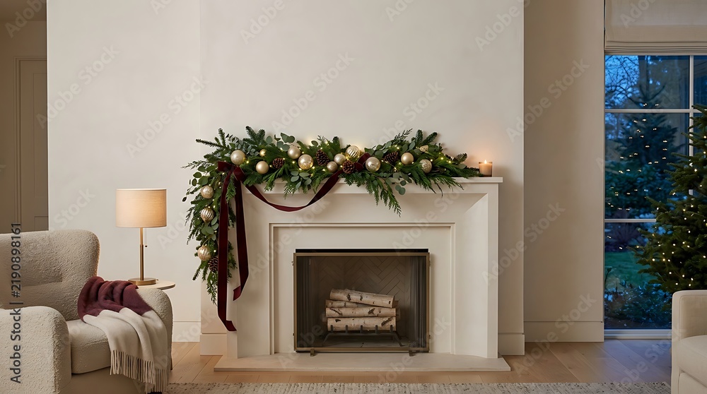 Obraz premium Festive christmas fireplace mantel decorated with evergreen garland gold ornaments and velvet ribbon in a cozy living room interior
