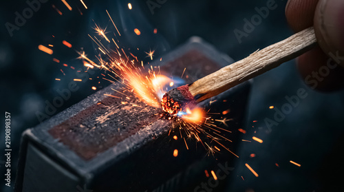 A close-up shot of a wooden match igniting with a shower of sparks against a dark background. The striking surface of the matchbox is visibly worn