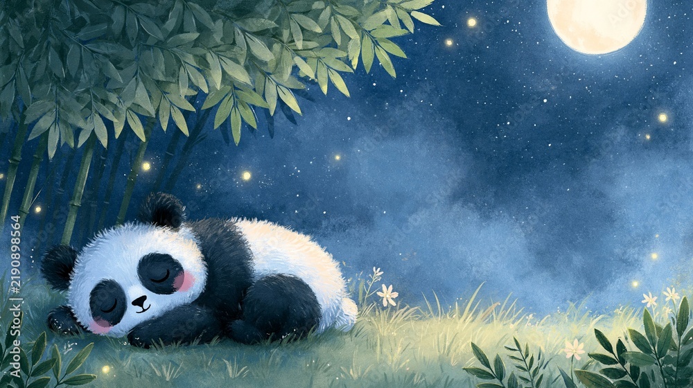 Obraz premium a serene night scene with a panda peacefully sleeping in a lush bamboo forest. The pandas black and white fur contrasts with the deep blue night sky, which is dotted with stars and a large.